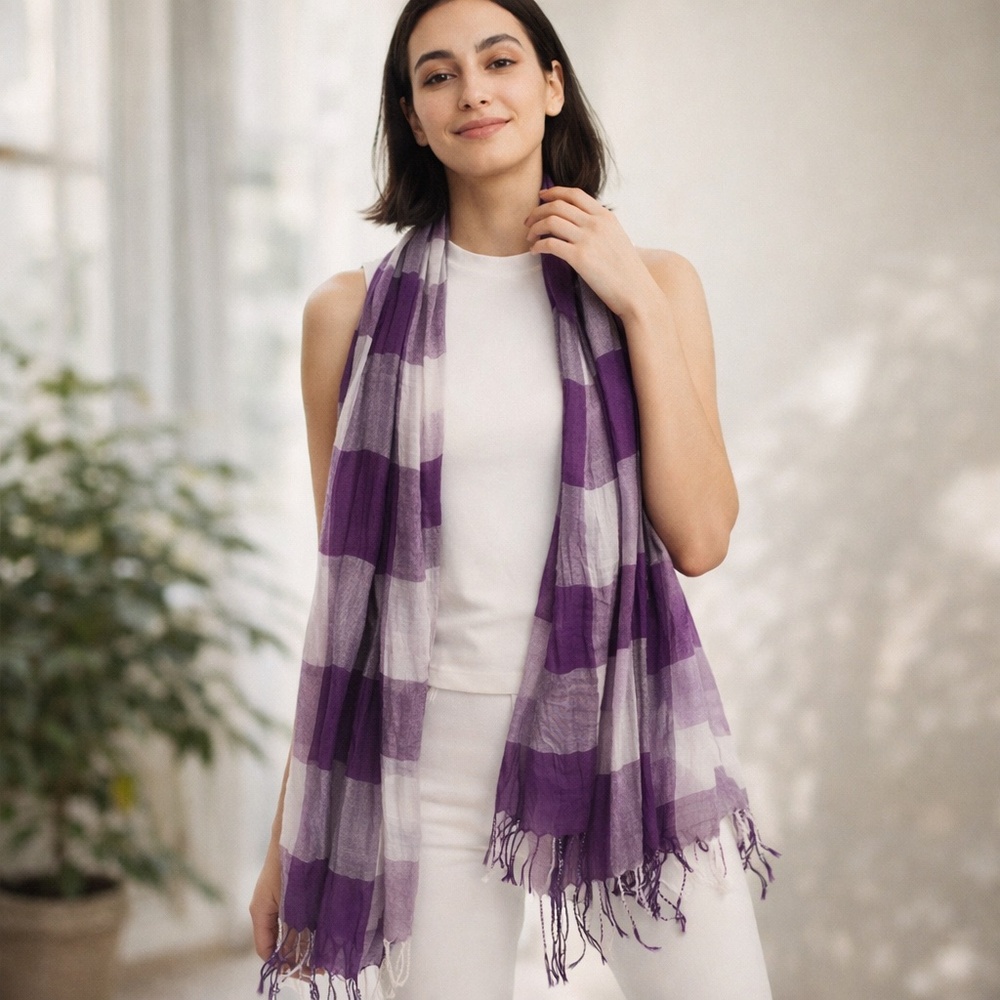 Casual Chic One Size Plaid Scarf Soft‎ Rayon Purple Fringe